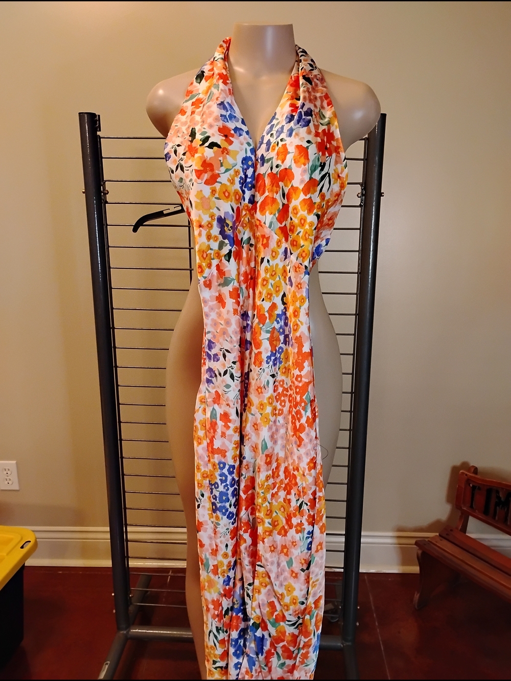 Lulu's White Floral Halter Maxi Dress with Orange & Yellow Blooms Size Small